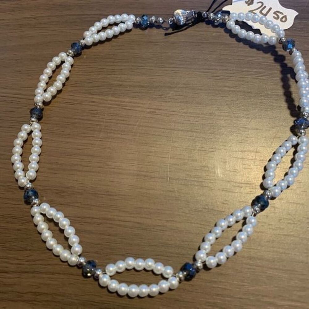 Pearl and Blue Crystal Double Loop Bridal Choker